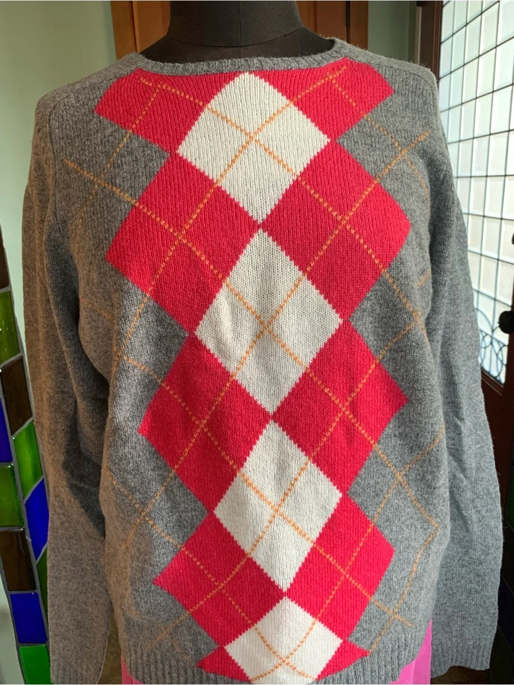 J CREW 100% LAMBS WOOL ARGYLE PULLOVER SWEATER NWT XL Women's Gray  Pink Diamond